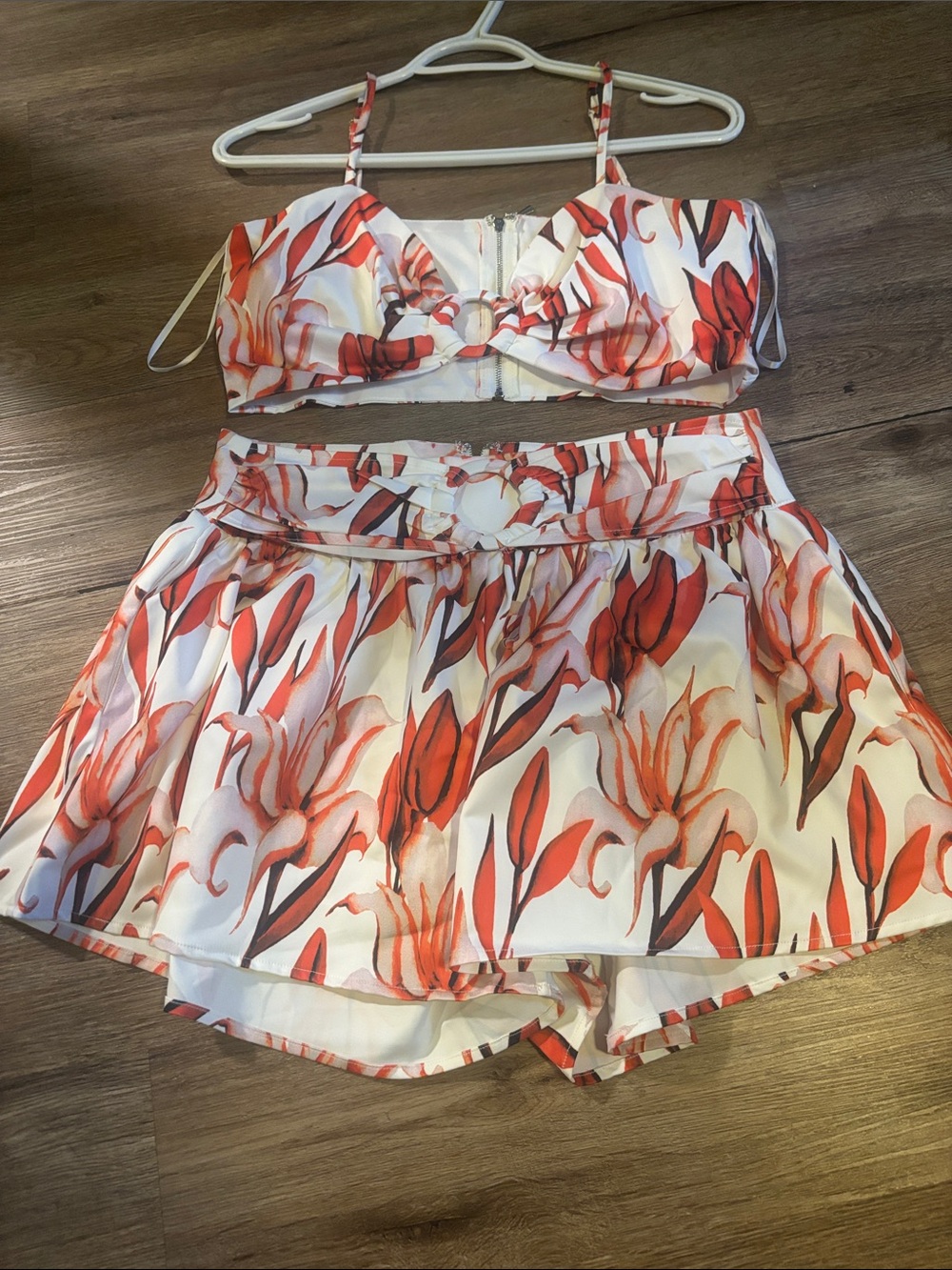 Floral Two-Piece Crop Top & Skirt Set in White and Coral